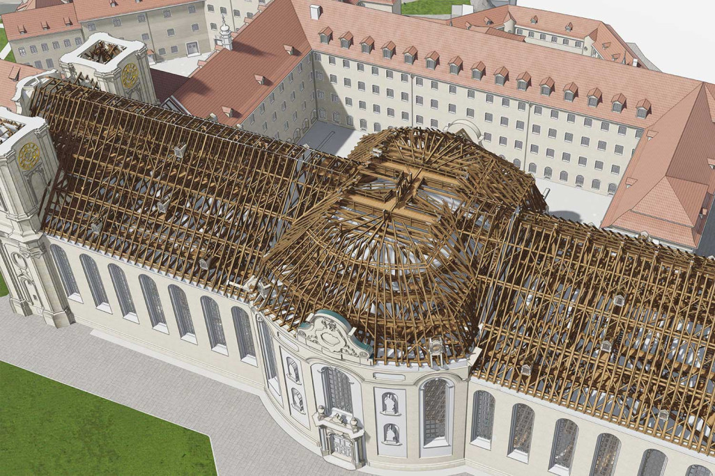 St. Gallen, 3D-Modell Dachstock vom Stiftsbezirk-Kathedrale aus einer Gebäudevermessung, HMQ AG